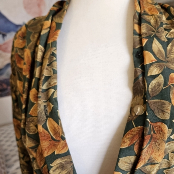 Vintage Quo Silk Leaf Print Blouse Jacket L | Fall Grandpa Fit - Picture 12 of 13